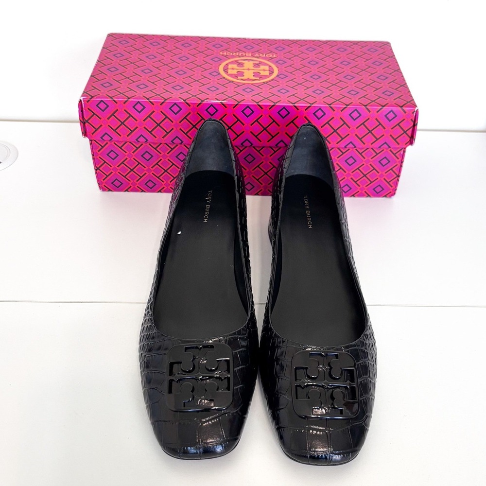 Tory Burch Womens Georgia Soft Croc Embossed Pumps 11 Black Block Heel Logo Shoe